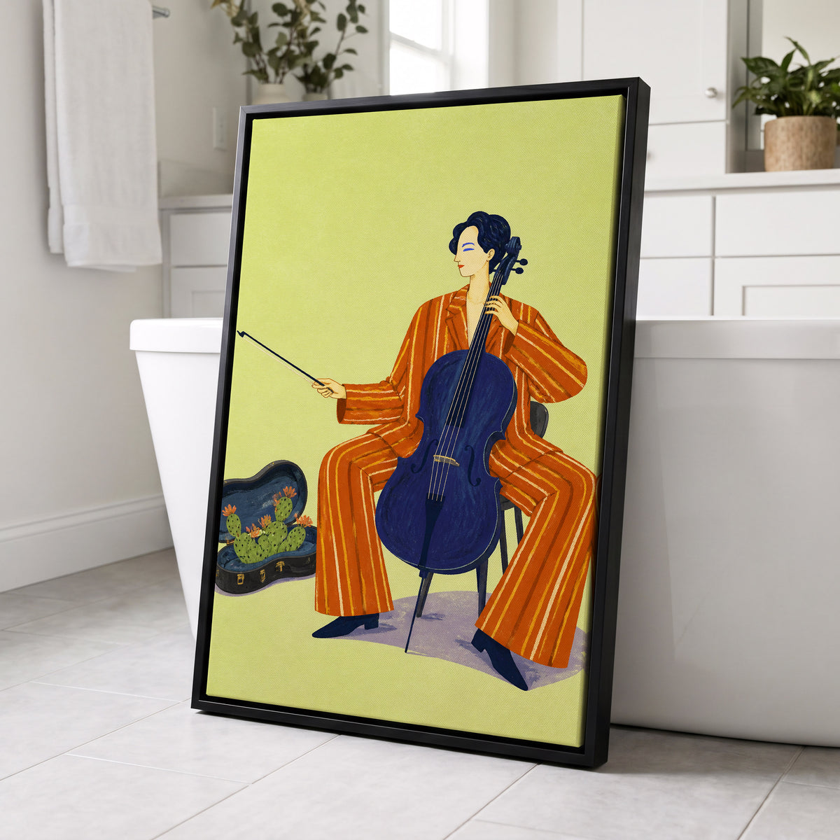 Cello in Citrus, green, orange, blue minimalist wall art displayed in a styled interior, gallery view 4