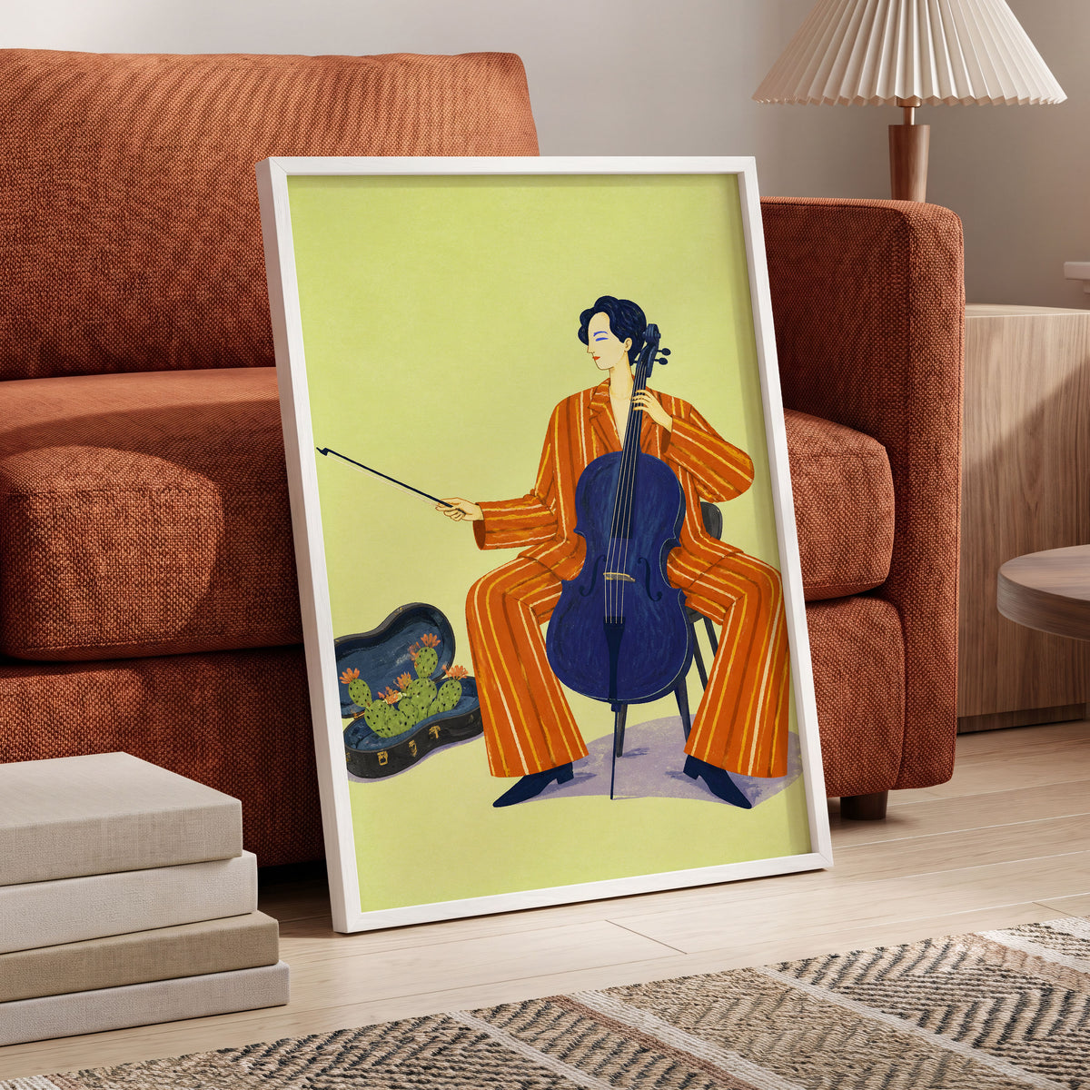 Cello in Citrus, green, orange, blue minimalist wall art displayed in a styled interior, gallery view 6