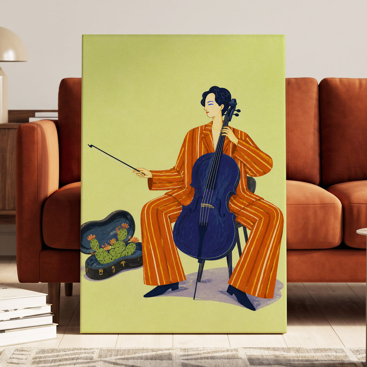Cello in Citrus, green, orange, blue minimalist wall art displayed in a styled interior, gallery view 7