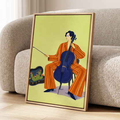 Cello in Citrus, green, orange, blue minimalist wall art displayed in a styled interior, gallery view 8