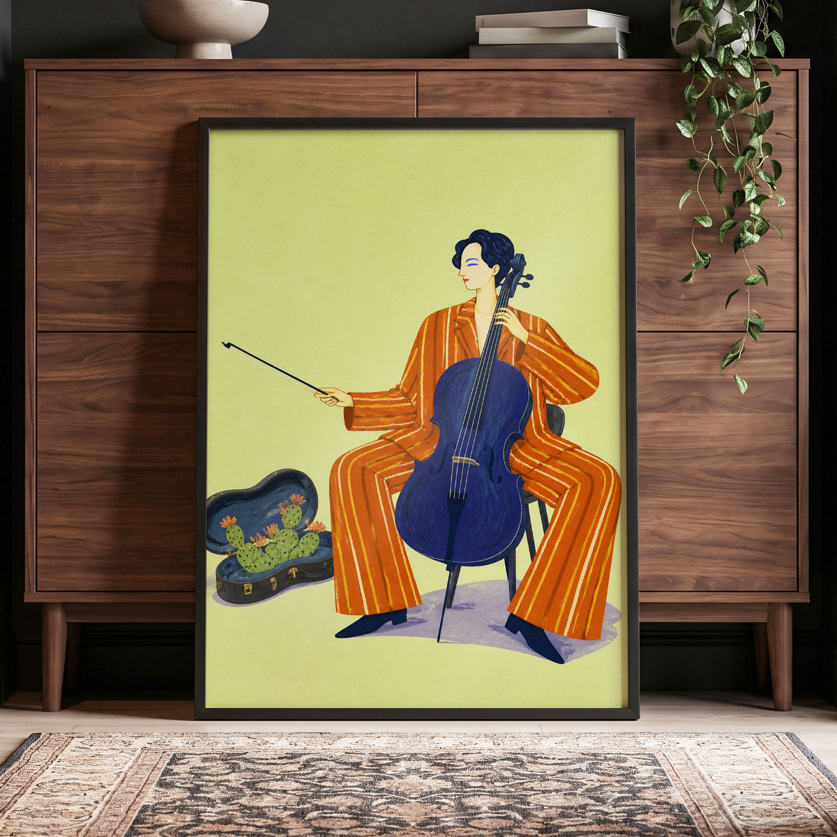 Cello in Citrus, green, orange, blue minimalist wall art displayed in a styled interior, gallery view 9