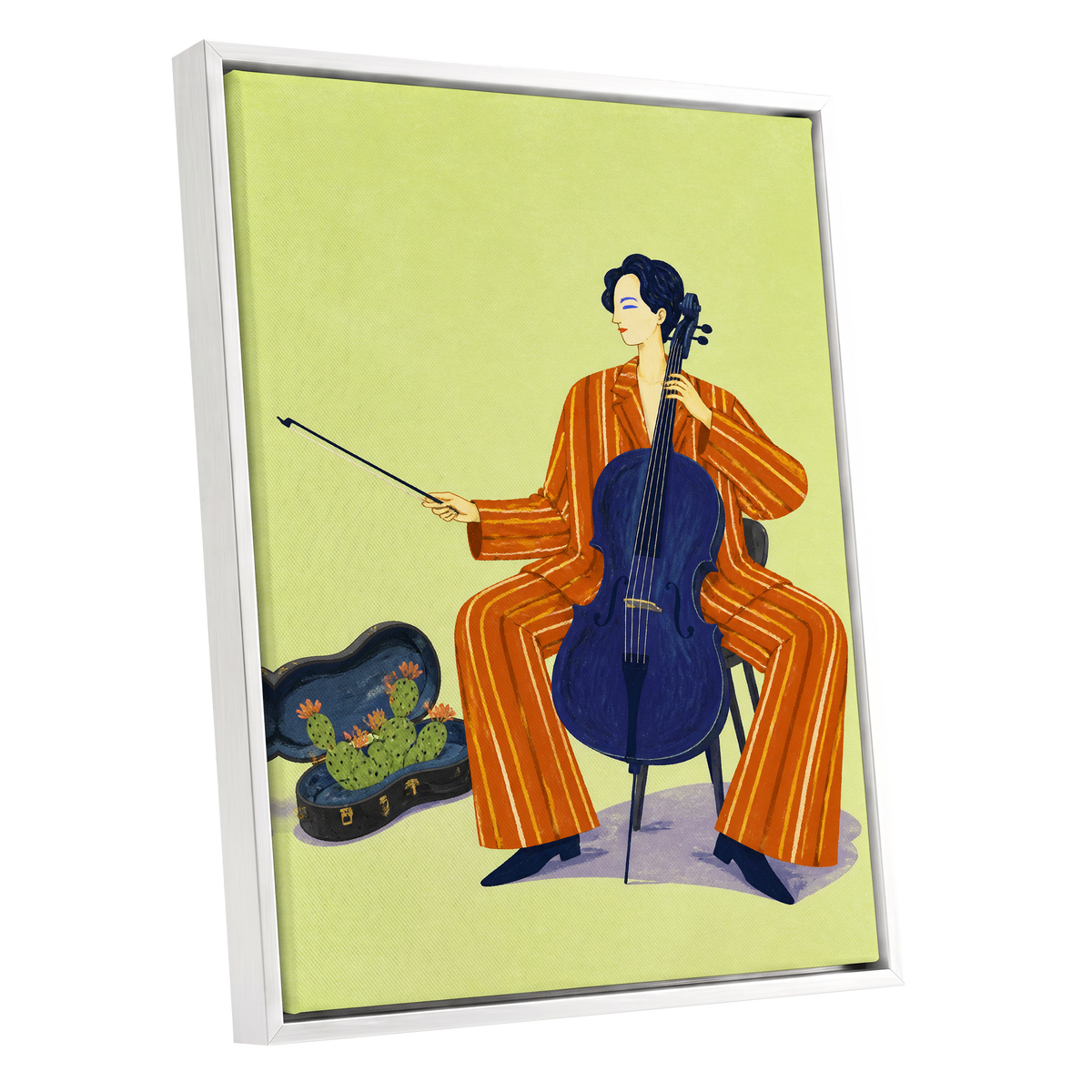Cello in Citrus, green, orange, blue minimalist wall art shown as a white framed canvas wall art