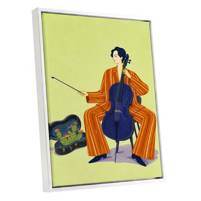 Cello in Citrus, green, orange, blue minimalist wall art shown as a white framed canvas wall art