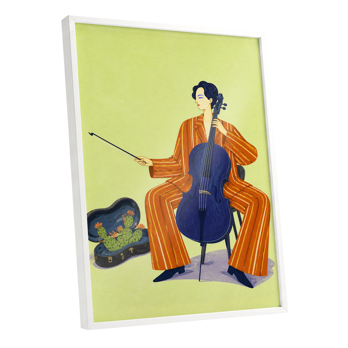 Cello in Citrus, green, orange, blue minimalist wall art shown as a white framed poster wall art print