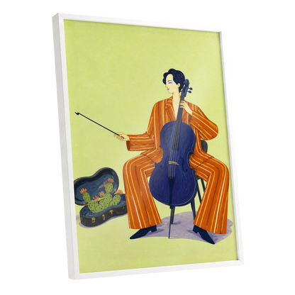 Cello in Citrus, green, orange, blue minimalist wall art shown as a white framed poster wall art print