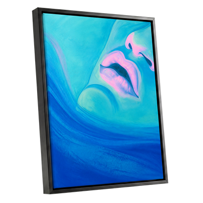 Cerulean Kiss, blue, pink, purple abstract wall art shown as a black framed canvas wall art