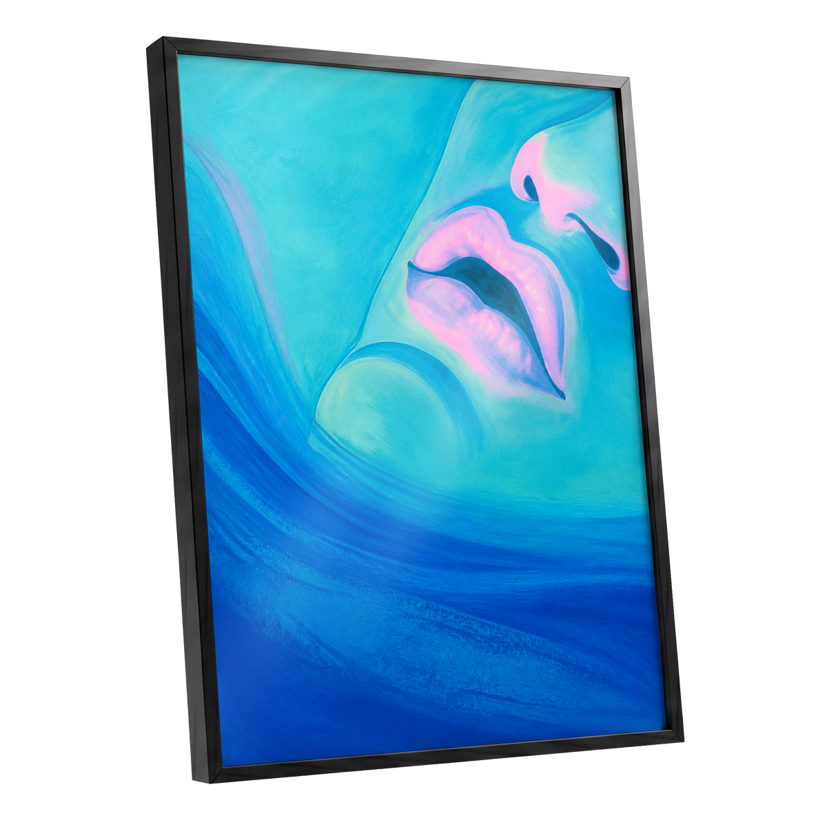 Cerulean Kiss, blue, pink, purple abstract wall art shown as a black framed poster wall art print