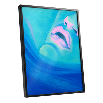 Cerulean Kiss, blue, pink, purple abstract wall art shown as a black framed poster wall art print