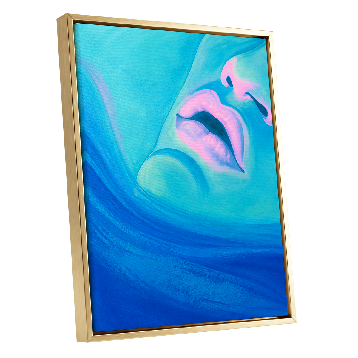 Cerulean Kiss, blue, pink, purple abstract wall art shown as a gold framed canvas wall art