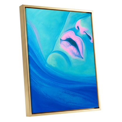 Cerulean Kiss, blue, pink, purple abstract wall art shown as a gold framed canvas wall art
