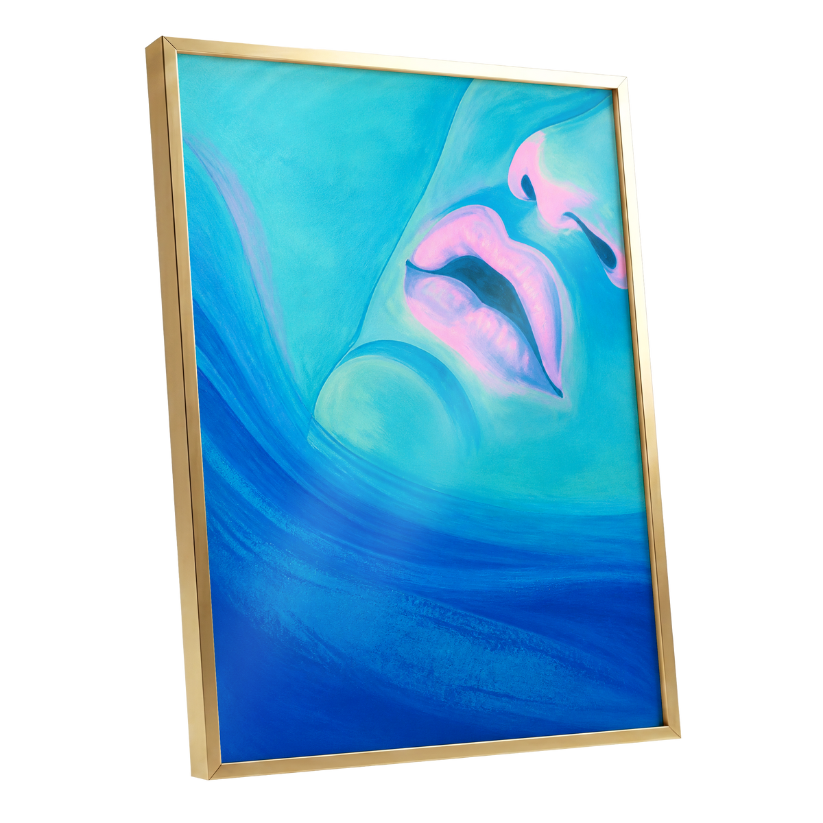 Cerulean Kiss, blue, pink, purple abstract wall art shown as a gold framed poster wall art print
