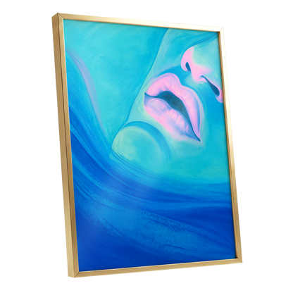 Cerulean Kiss, blue, pink, purple abstract wall art shown as a gold framed poster wall art print