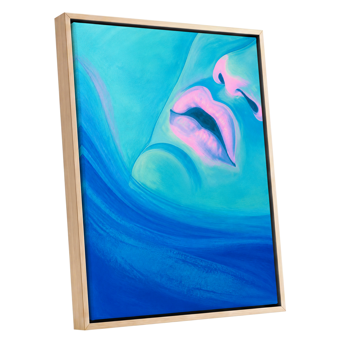 Cerulean Kiss, blue, pink, purple abstract wall art shown as a oak framed canvas wall art