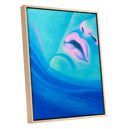 Cerulean Kiss, blue, pink, purple abstract wall art shown as a oak framed canvas wall art