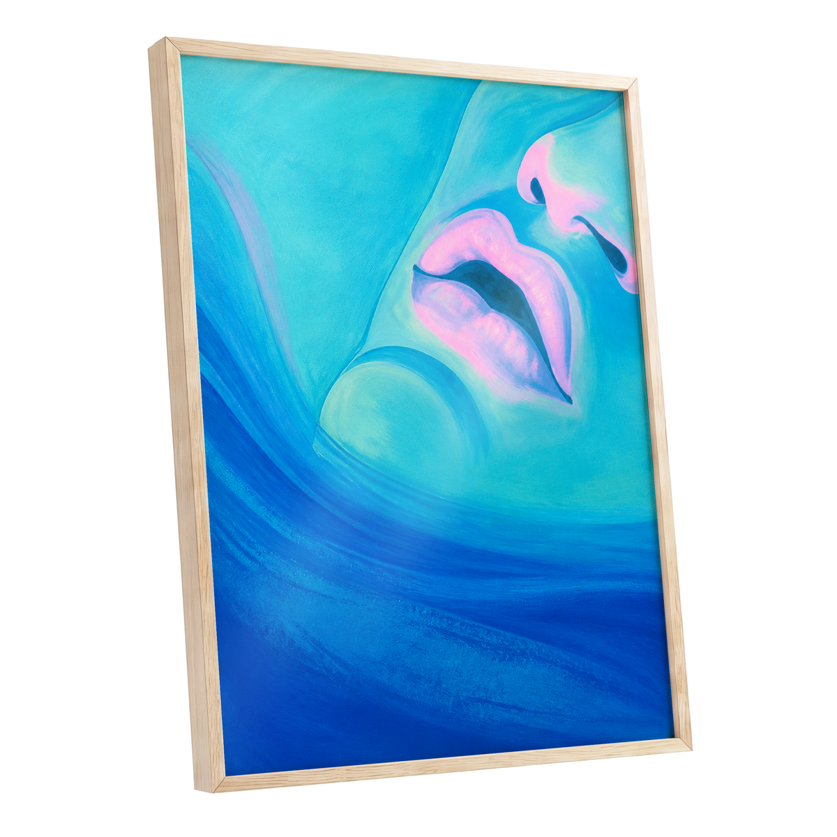 Cerulean Kiss, blue, pink, purple abstract wall art shown as a oak framed poster wall art print