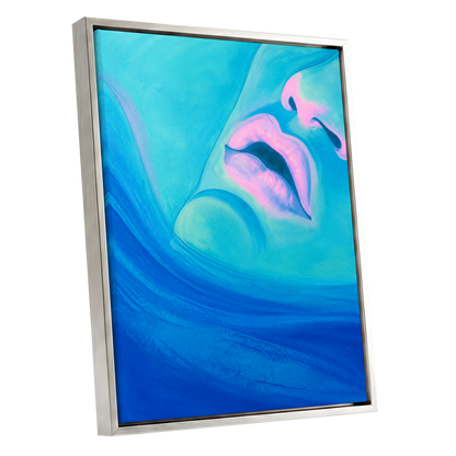 Cerulean Kiss, blue, pink, purple abstract wall art shown as a silver framed canvas wall art