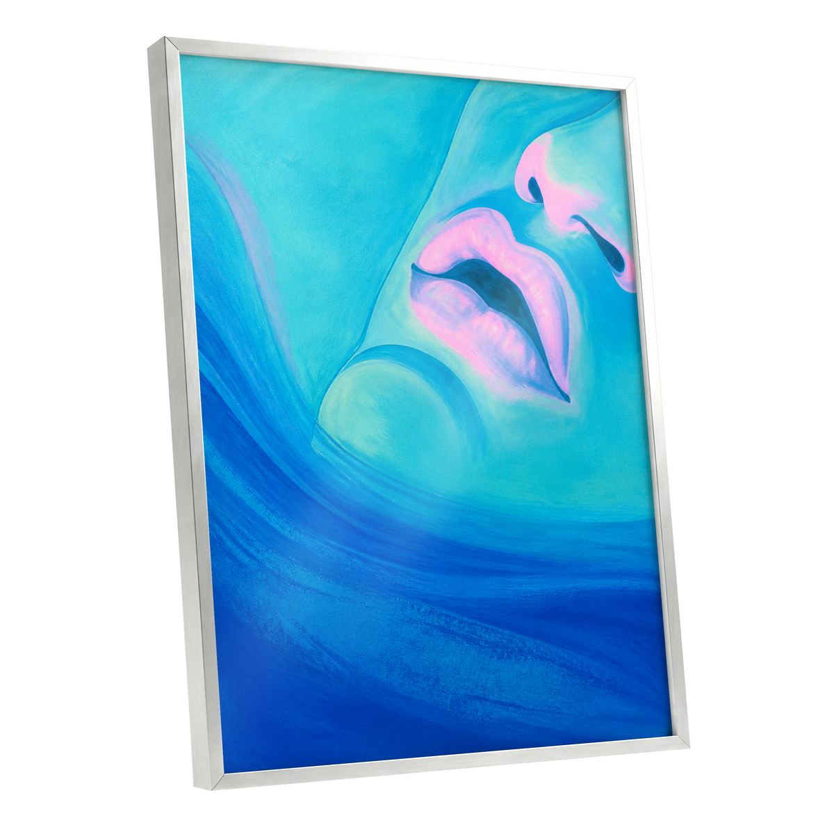 Cerulean Kiss, blue, pink, purple abstract wall art shown as a silver framed poster wall art print