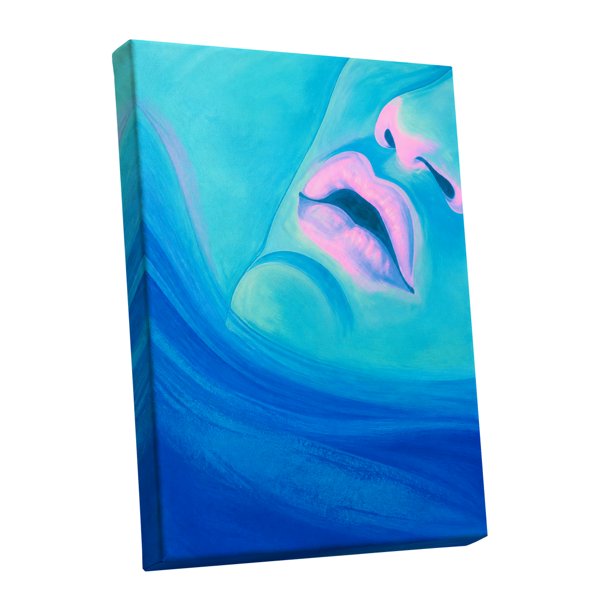 Cerulean Kiss, blue, pink, purple abstract wall art shown as a stretched canvas wall art