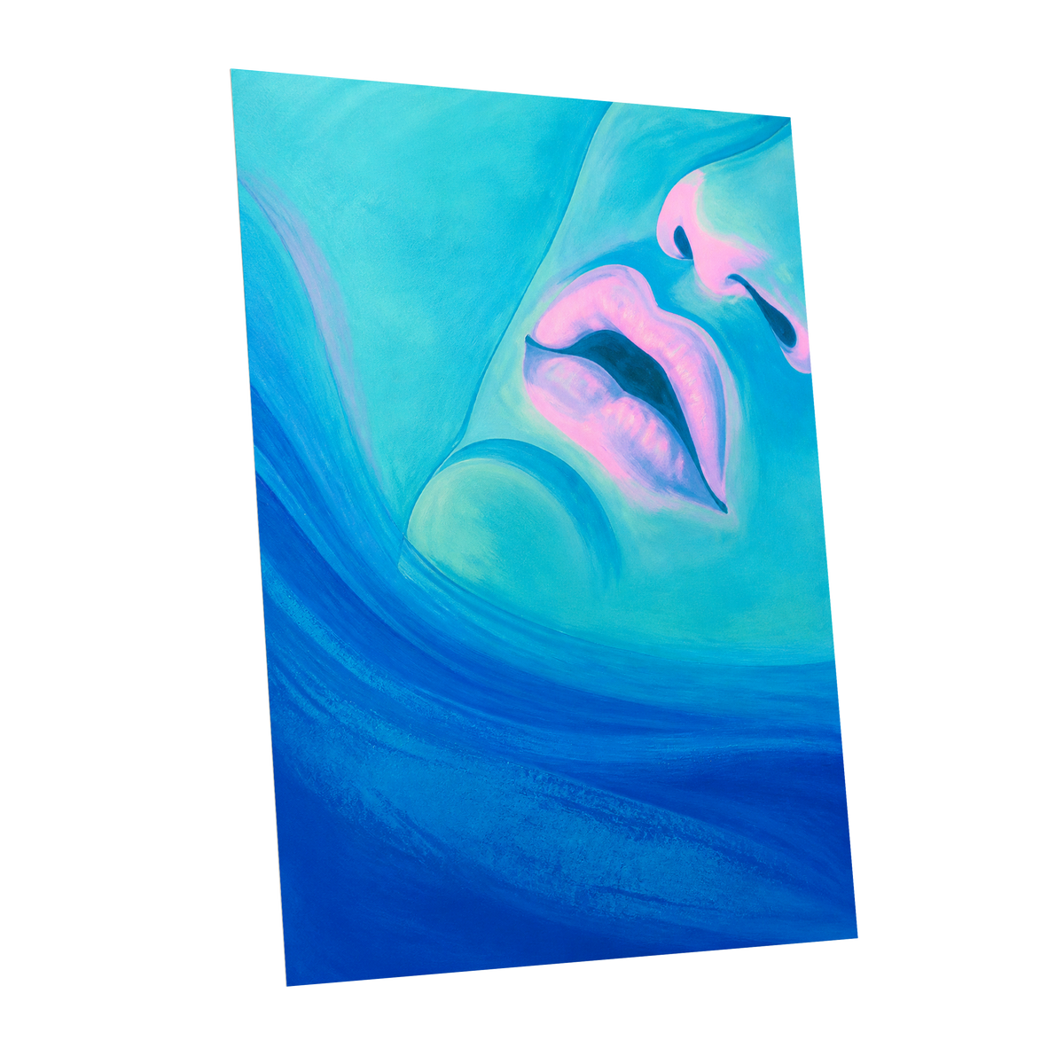 Cerulean Kiss, blue, pink, purple abstract wall art shown as a unframed poster wall art print