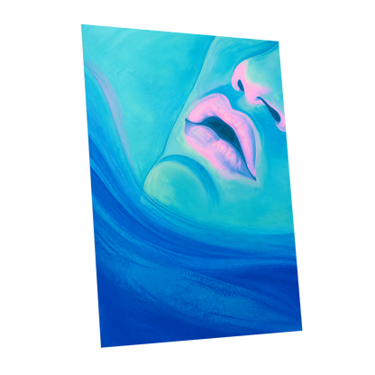 Cerulean Kiss, blue, pink, purple abstract wall art shown as a unframed poster wall art print