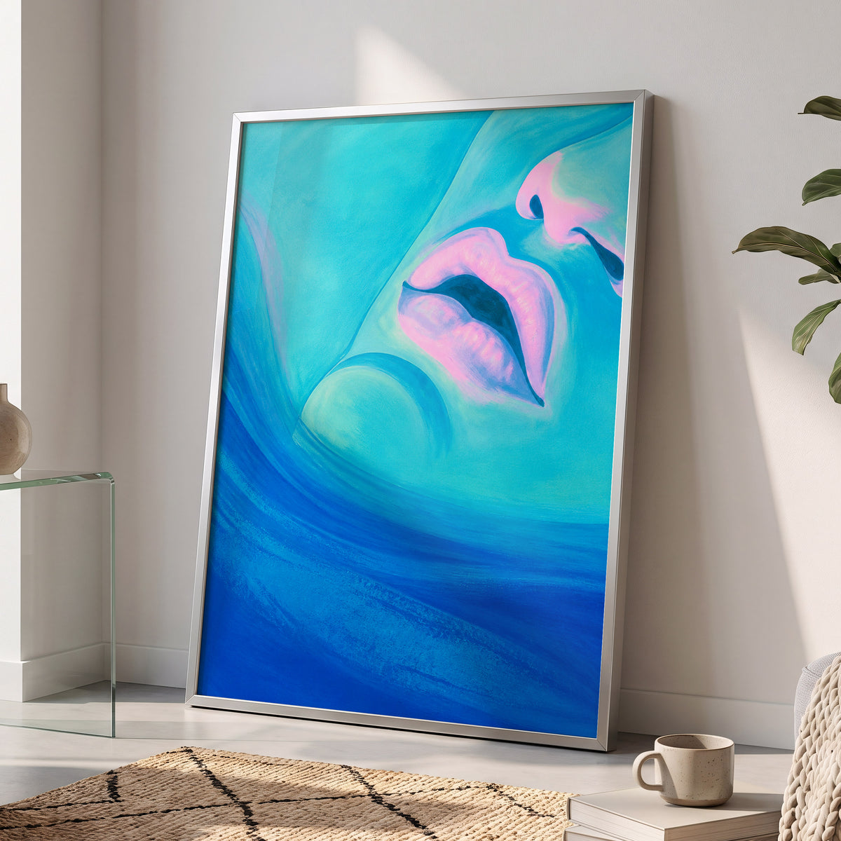 Cerulean Kiss, blue, pink, purple abstract wall art displayed in a styled interior, gallery view 2