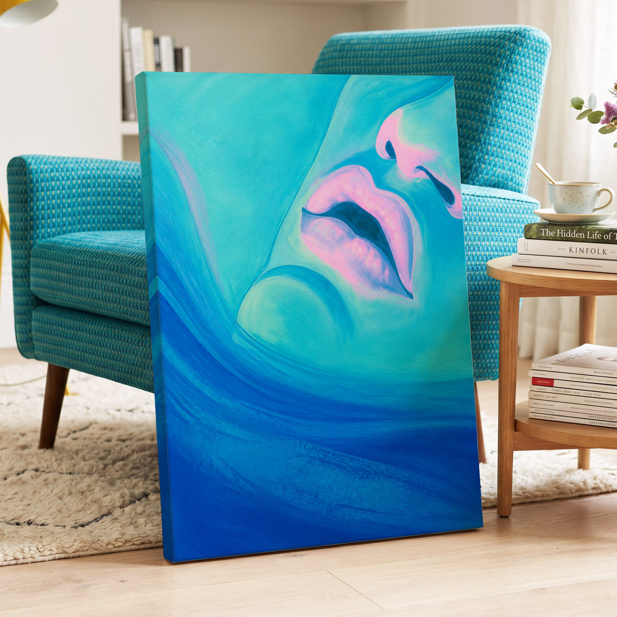 Cerulean Kiss, blue, pink, purple abstract wall art displayed in a styled interior, gallery view 3