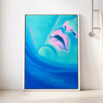 Cerulean Kiss, blue, pink, purple abstract wall art displayed in a styled interior, gallery view 4