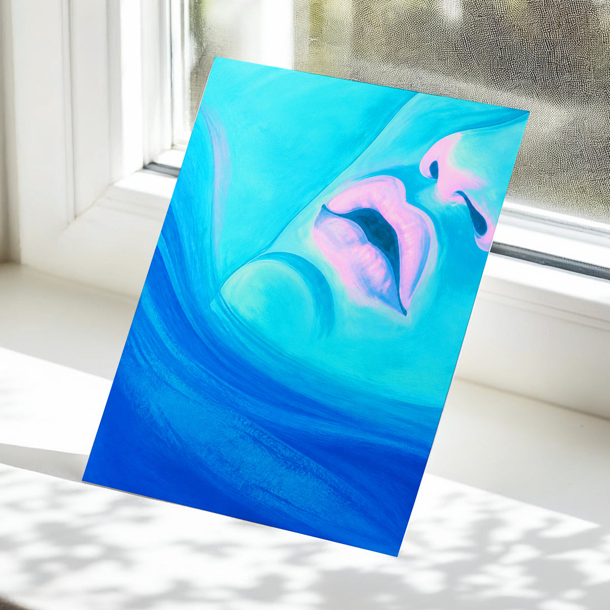 Cerulean Kiss, blue, pink, purple abstract wall art displayed in a styled interior, gallery view 5