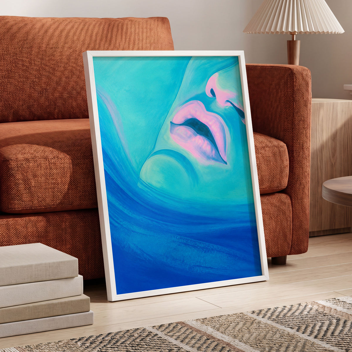 Cerulean Kiss, blue, pink, purple abstract wall art displayed in a styled interior, gallery view 6