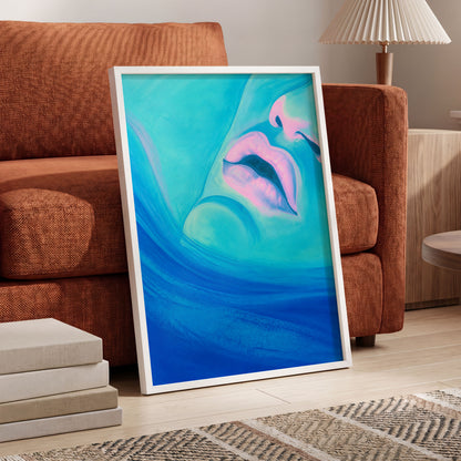 Cerulean Kiss, blue, pink, purple abstract wall art displayed in a styled interior, gallery view 6