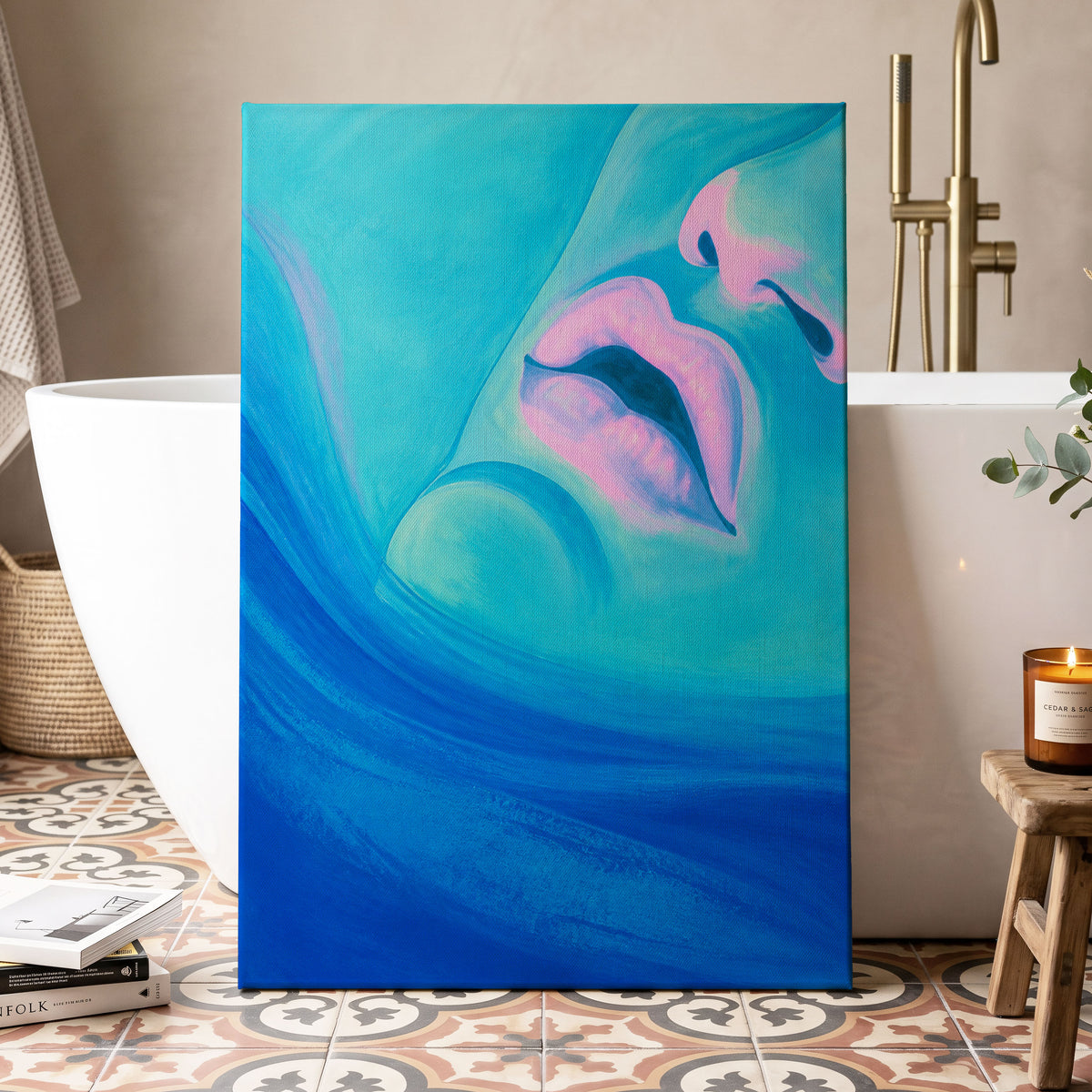 Cerulean Kiss, blue, pink, purple abstract wall art displayed in a styled interior, gallery view 7