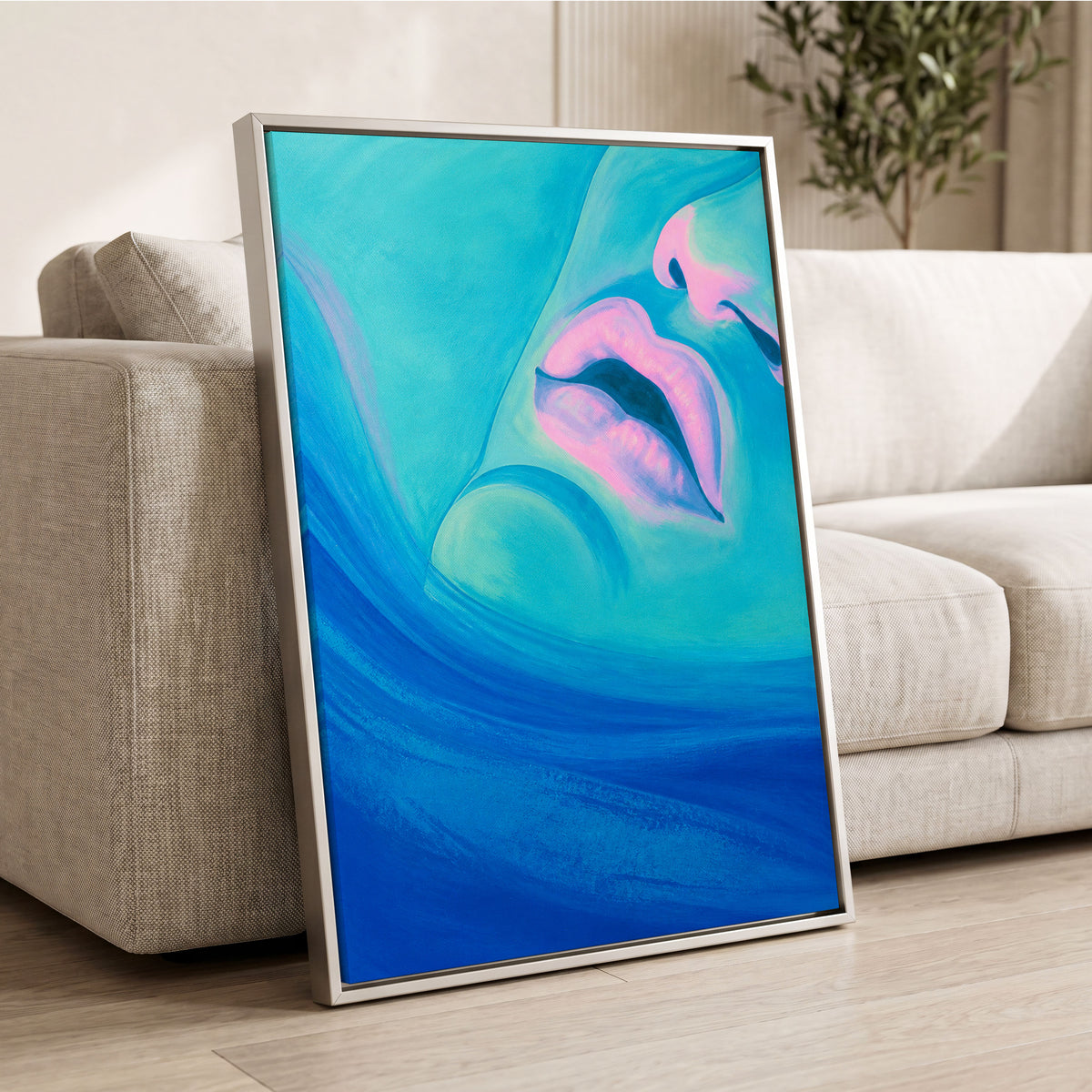 Cerulean Kiss, blue, pink, purple abstract wall art displayed in a styled interior, gallery view 8