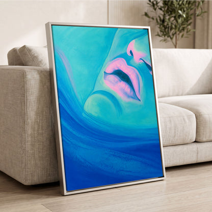 Cerulean Kiss, blue, pink, purple abstract wall art displayed in a styled interior, gallery view 8
