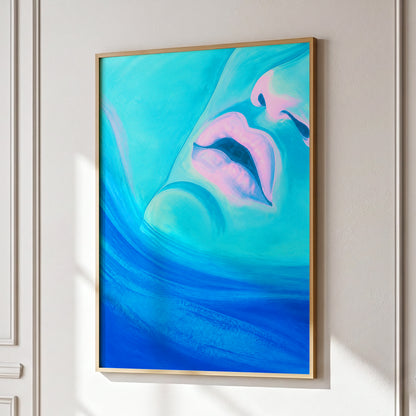 Cerulean Kiss, blue, pink, purple abstract wall art displayed in a styled interior, gallery view 9