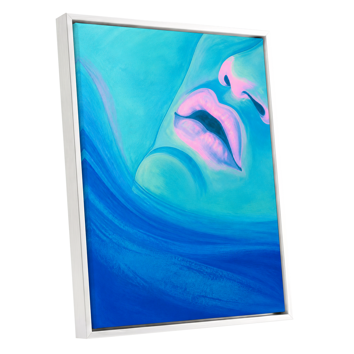 Cerulean Kiss, blue, pink, purple abstract wall art shown as a white framed canvas wall art