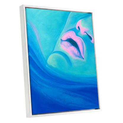 Cerulean Kiss, blue, pink, purple abstract wall art shown as a white framed canvas wall art