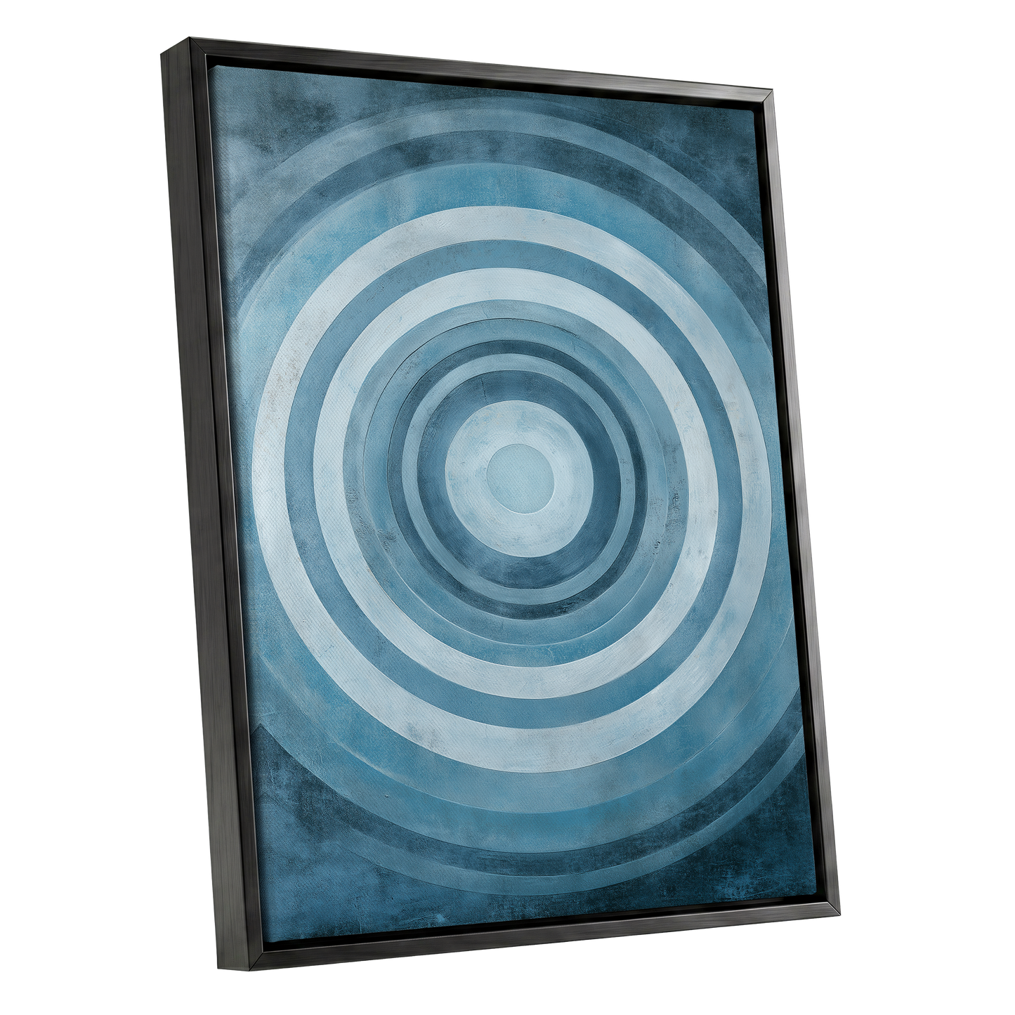 Cerulean Ripple, blue, white, gray minimalist wall art shown as a black framed canvas wall art