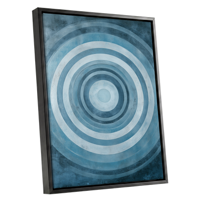 Cerulean Ripple, blue, white, gray minimalist wall art shown as a black framed canvas wall art