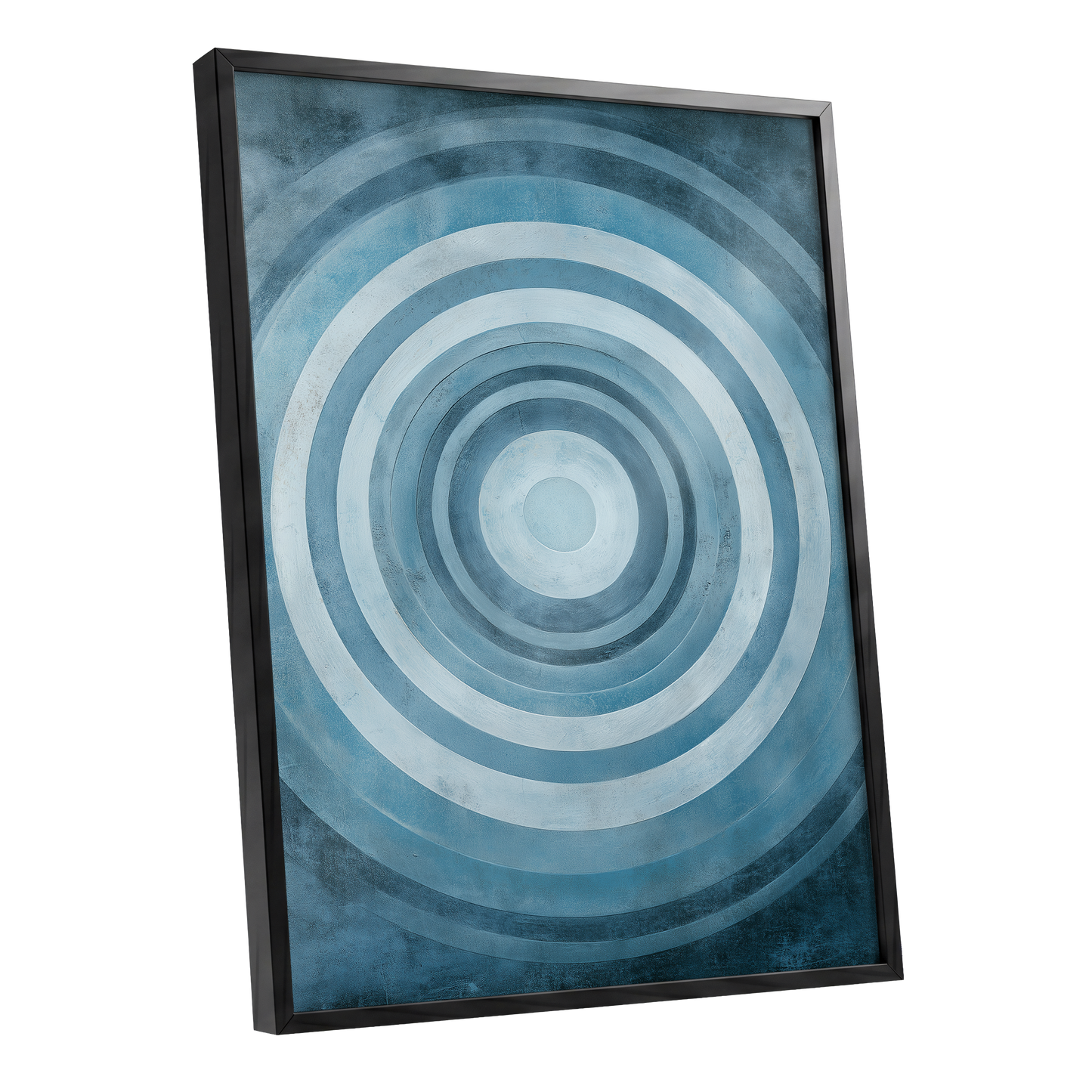 Cerulean Ripple, blue, white, gray minimalist wall art shown as a black framed poster wall art print