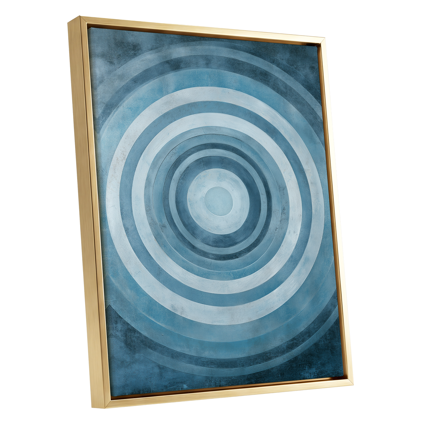 Cerulean Ripple, blue, white, gray minimalist wall art shown as a gold framed canvas wall art