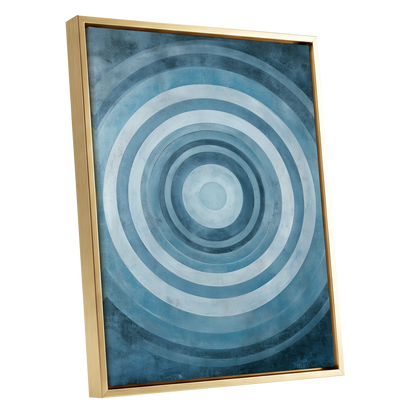 Cerulean Ripple, blue, white, gray minimalist wall art shown as a gold framed canvas wall art
