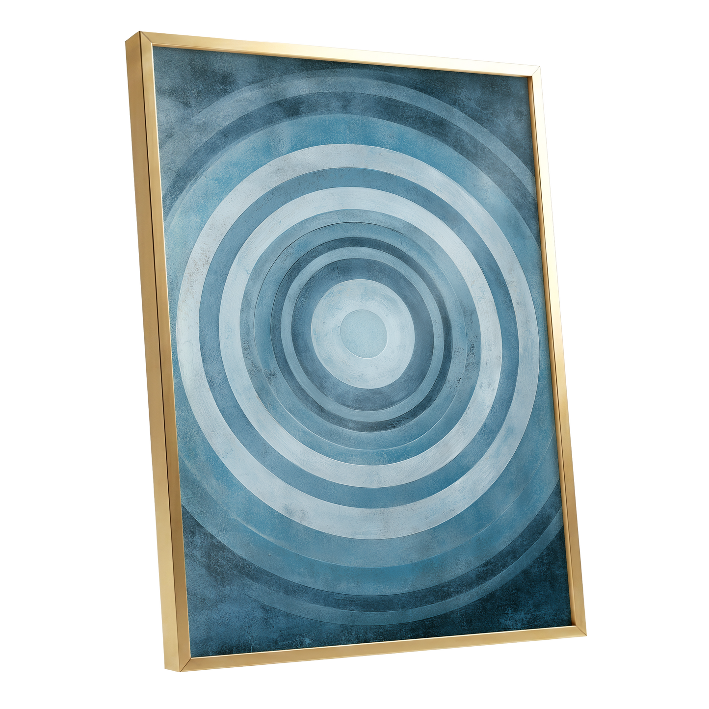 Cerulean Ripple, blue, white, gray minimalist wall art shown as a gold framed poster wall art print