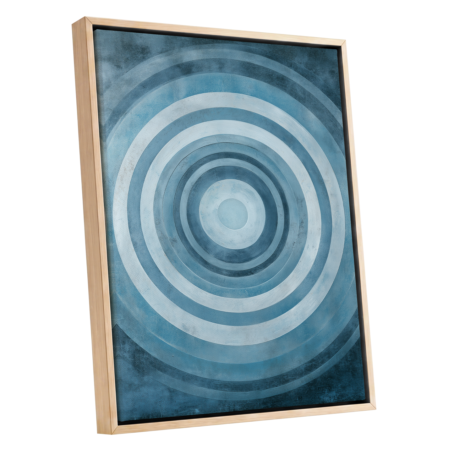 Cerulean Ripple, blue, white, gray minimalist wall art shown as a oak framed canvas wall art