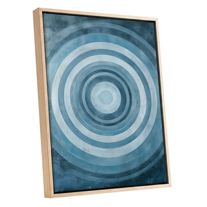 Cerulean Ripple, blue, white, gray minimalist wall art shown as a oak framed canvas wall art