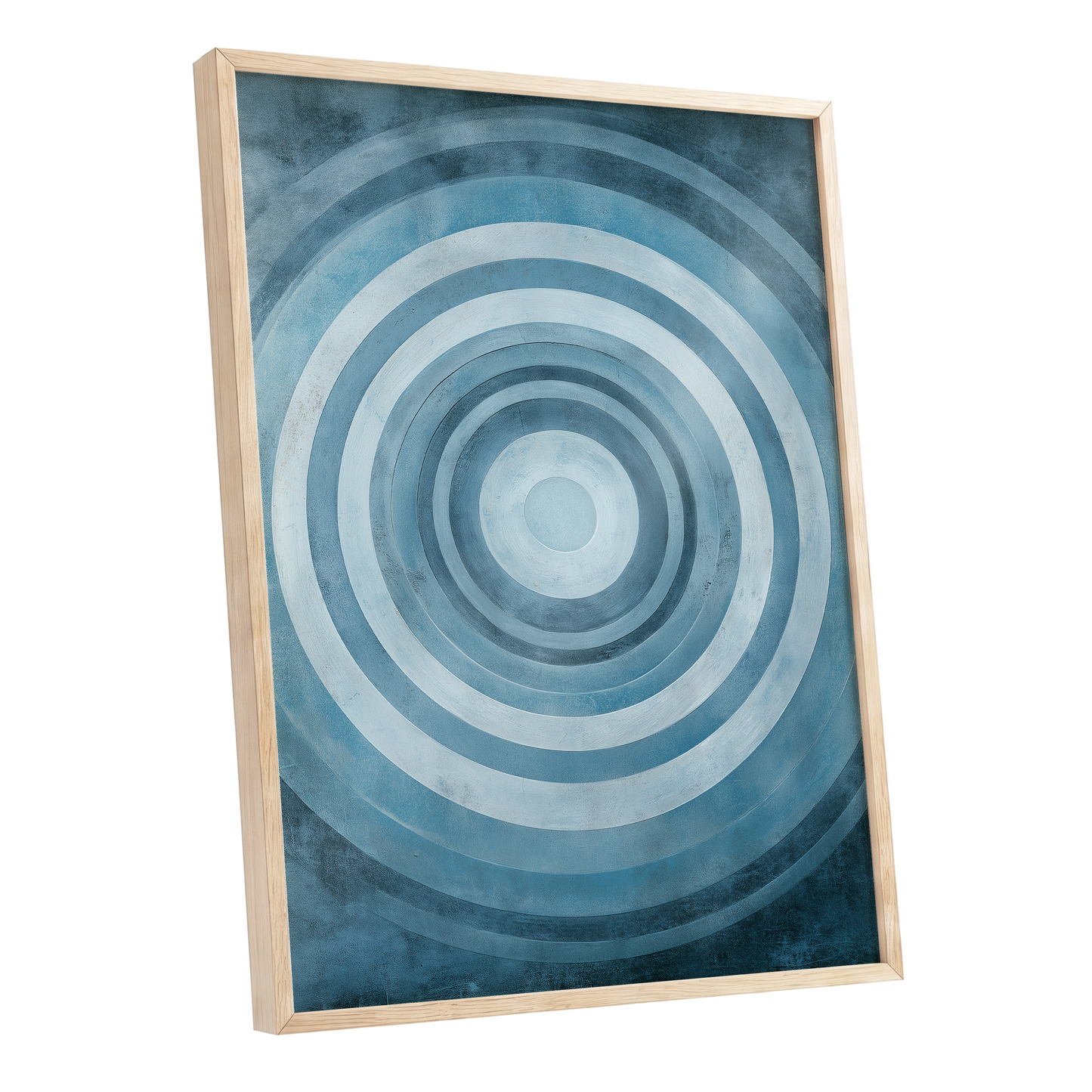 Cerulean Ripple, blue, white, gray minimalist wall art shown as a oak framed poster wall art print