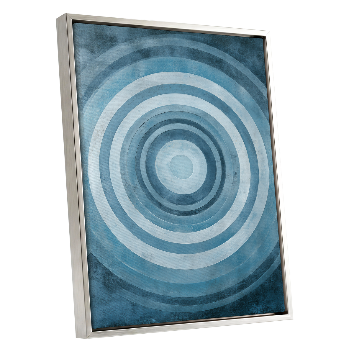 Cerulean Ripple, blue, white, gray minimalist wall art shown as a silver framed canvas wall art