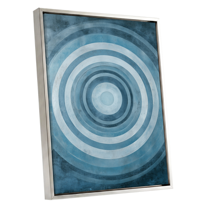 Cerulean Ripple, blue, white, gray minimalist wall art shown as a silver framed canvas wall art