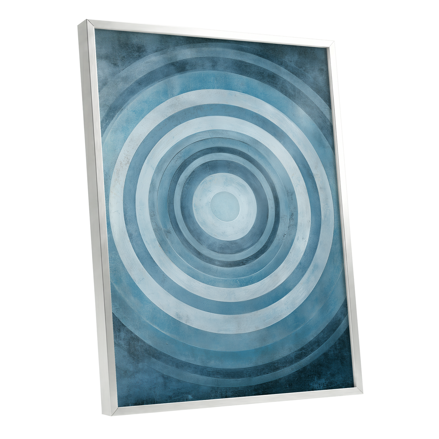 Cerulean Ripple, blue, white, gray minimalist wall art shown as a silver framed poster wall art print