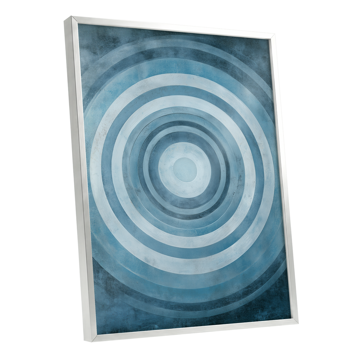 Cerulean Ripple, blue, white, gray minimalist wall art shown as a silver framed poster wall art print