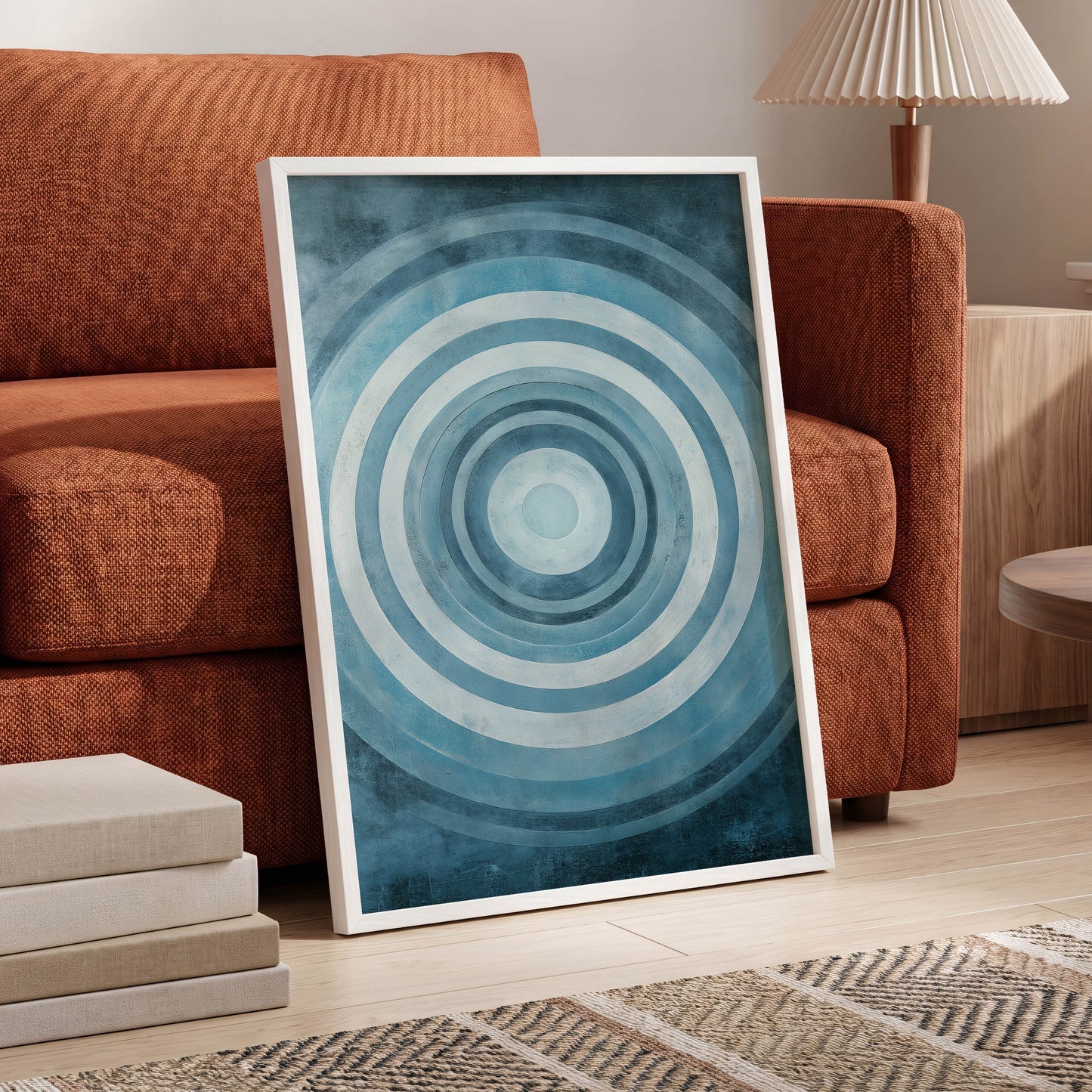 Cerulean Ripple, blue, white, gray minimalist wall art displayed in a styled interior, gallery view 2
